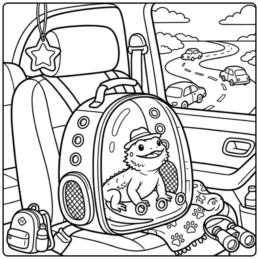 Bearded dragon coloring page in a travel carrier in a car