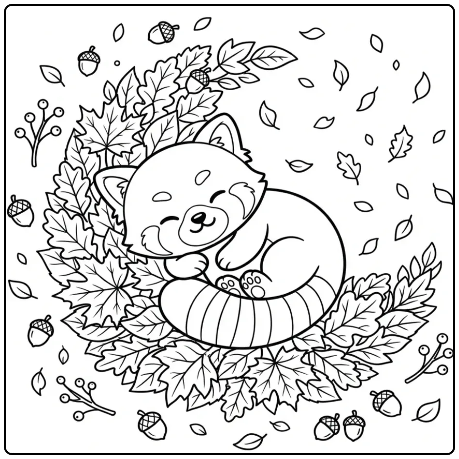 Baby red panda coloring page sleeping on autumn leaves