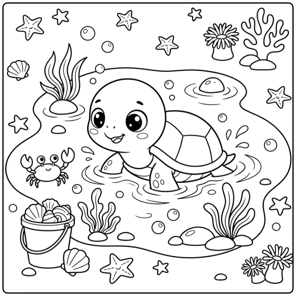 Baby turtle coloring page splashing in water