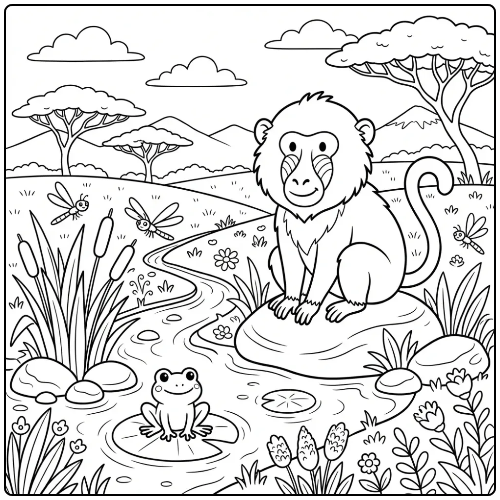 Baboon coloring page sitting by water with a frog