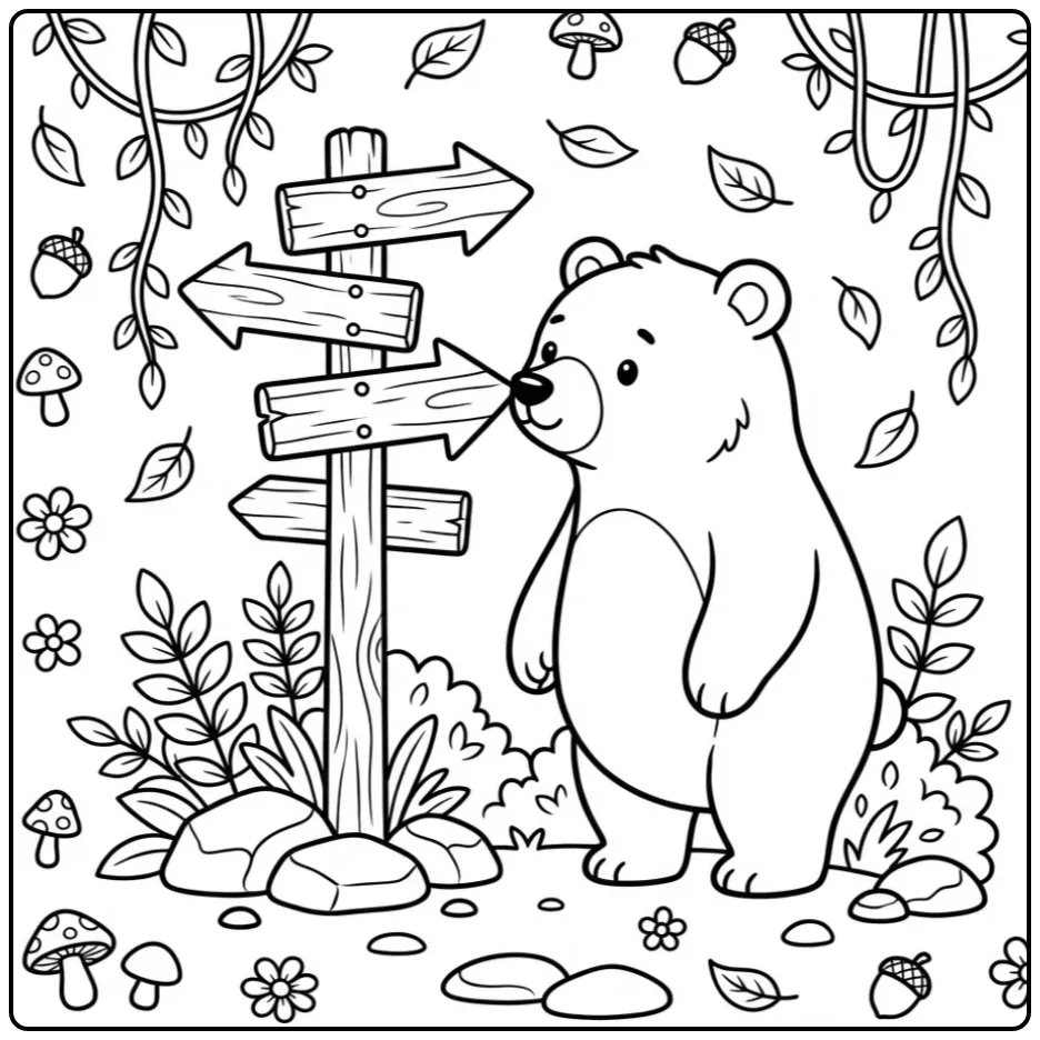 Bear coloring page by a signpost in the forest