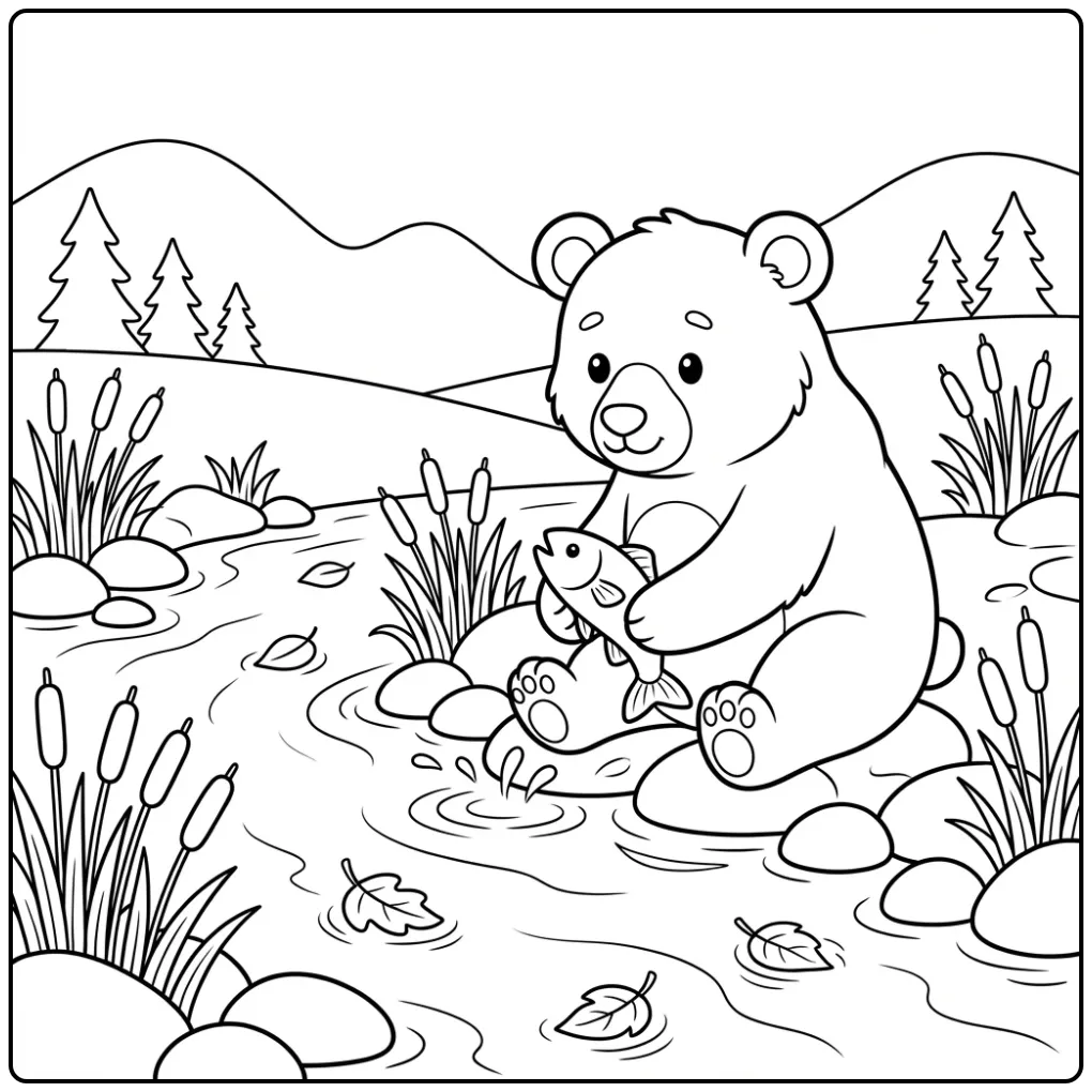 Cute bear coloring page catching a fish by the river