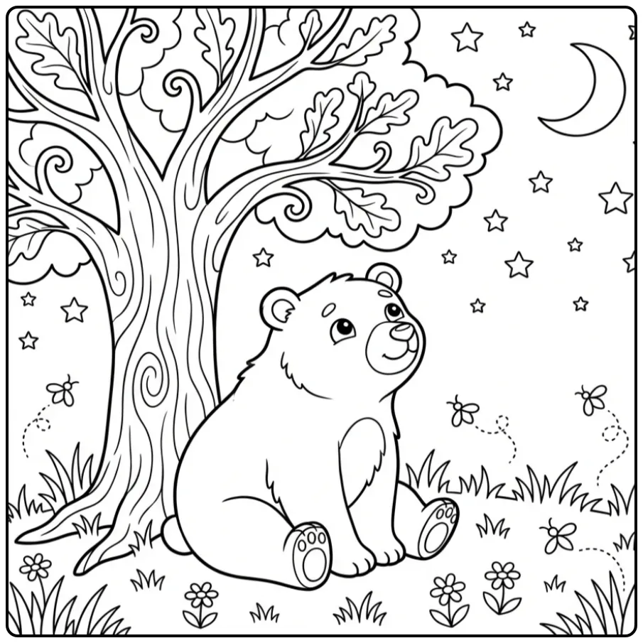 Cute bear coloring page under a tree with stars