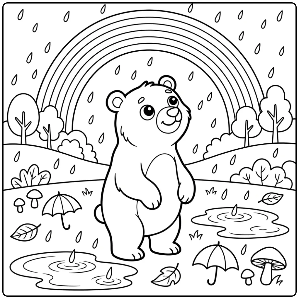 Cute bear coloring page looking at a rainbow