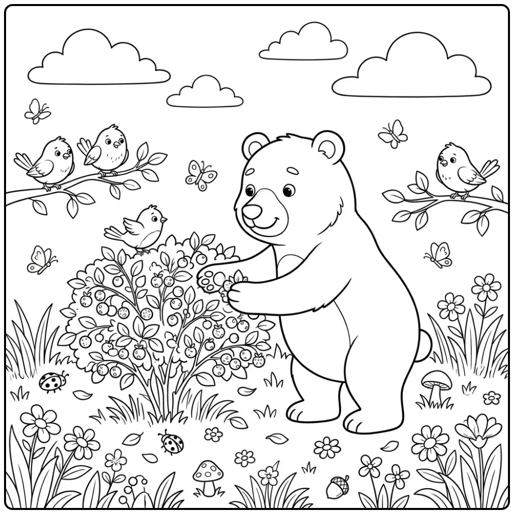 Cute bear coloring page eating berries in a meadow