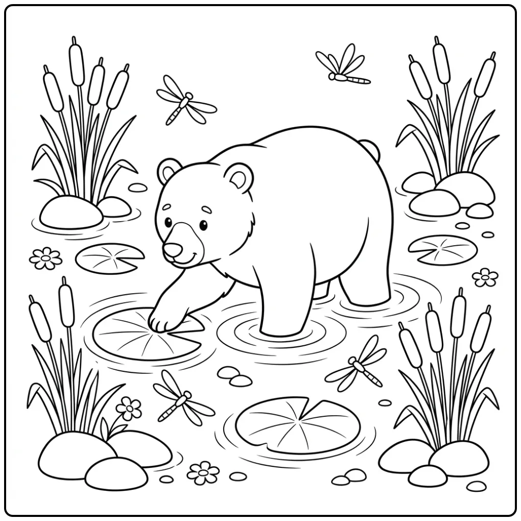 Cute bear coloring page wading in a lively pond