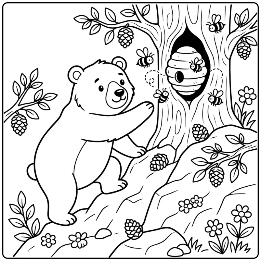 Bear coloring page climbing a tree for honey