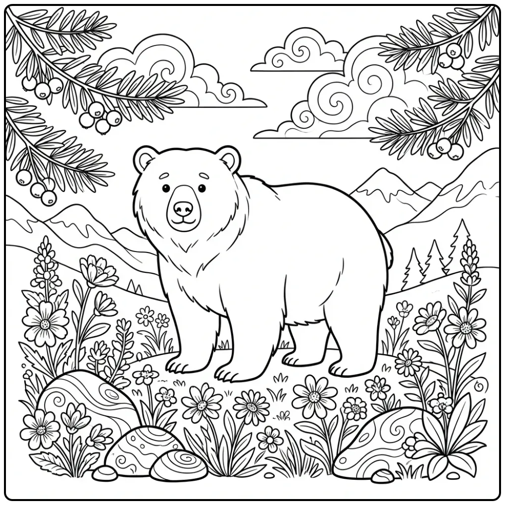 Difficult bear coloring page with mountains and flowers