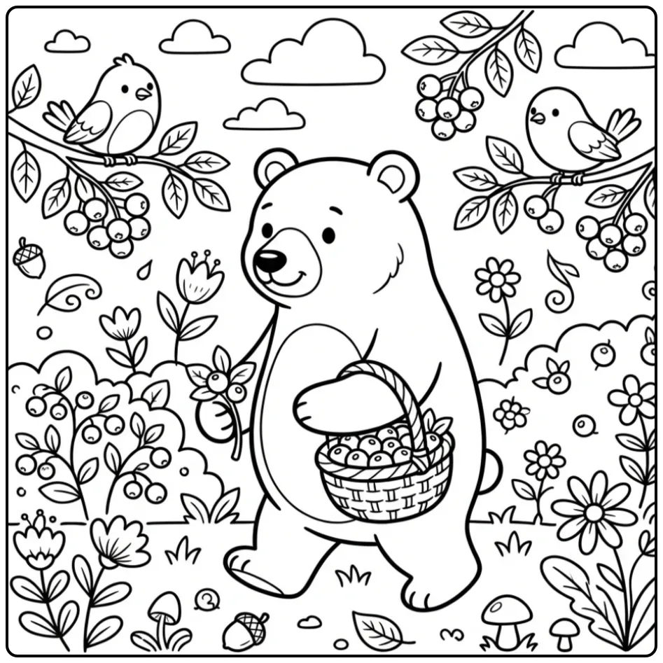 Cute bear coloring page with flowers birds and a berry basket