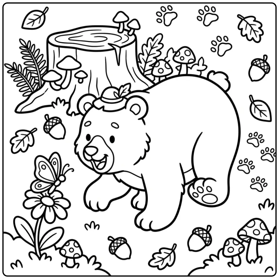 Cute bear coloring page sneaking toward a butterfly