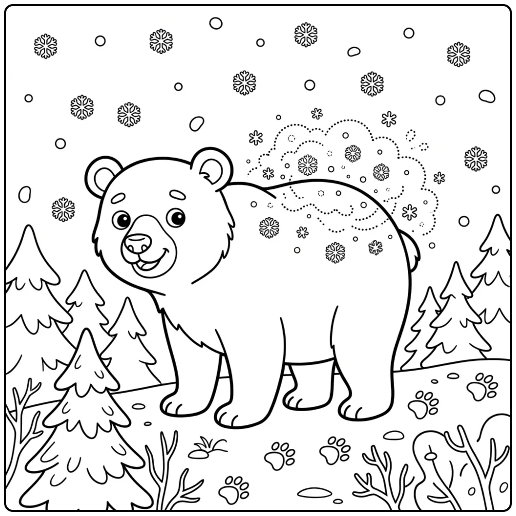 Bear coloring page shaking snow from its back in the forest