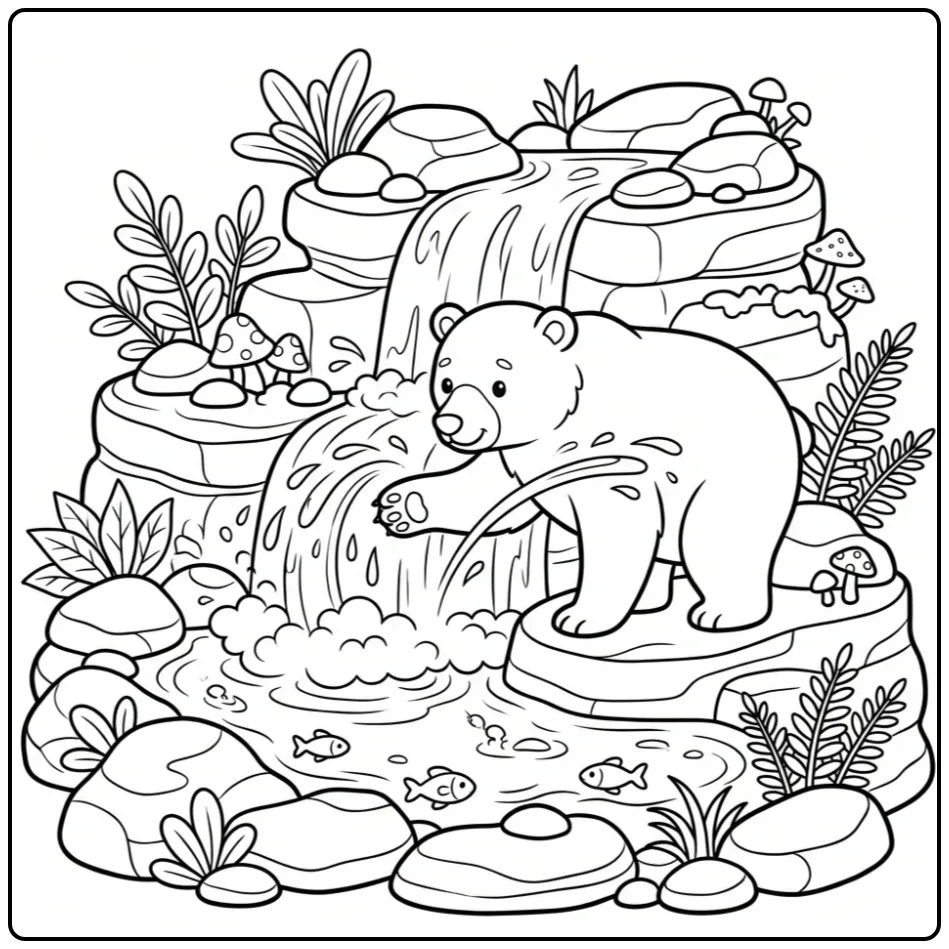 Cute bear coloring page playing by a fresh waterfall