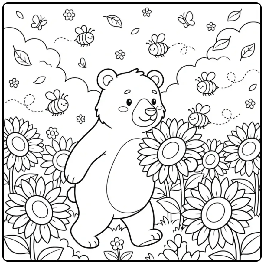 Bear coloring page among tall sunflowers and bees