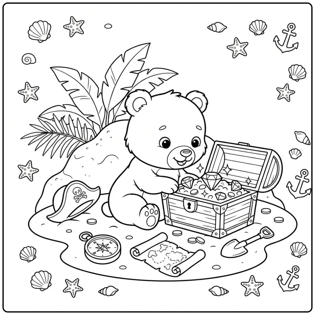 Teddy bear coloring page with a treasure chest full of gems
