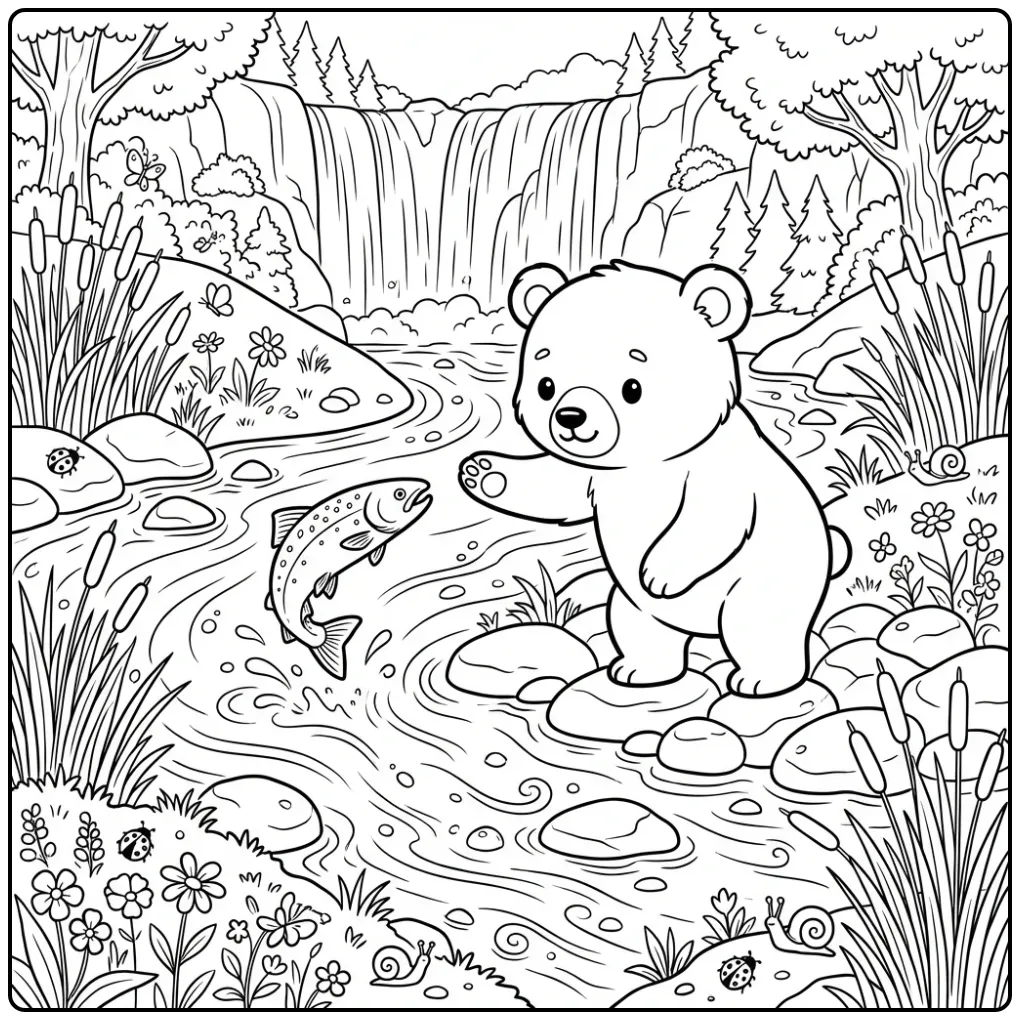 Teddy bear coloring page reaching for a jumping salmon