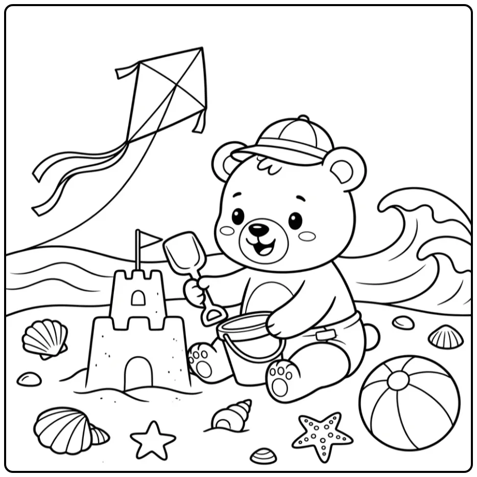 Teddy bear coloring page with a shovel and bucket