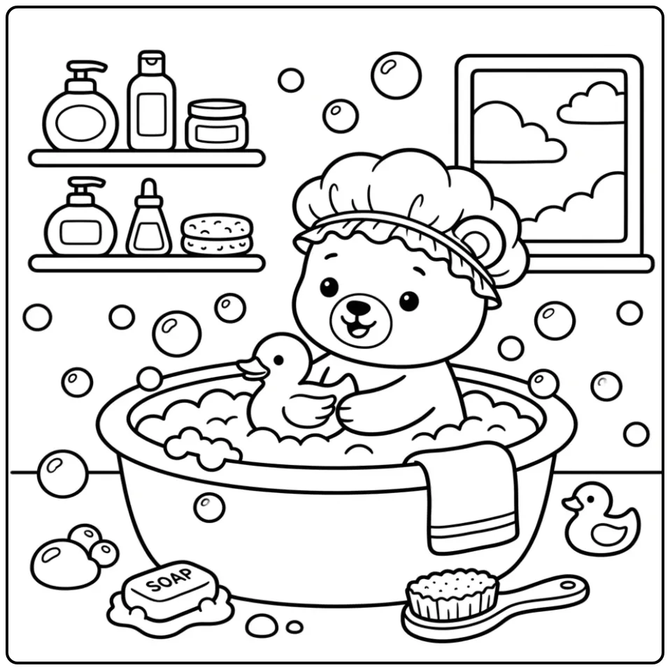 Teddy bear coloring page in a bath with a rubber duck and bubbles