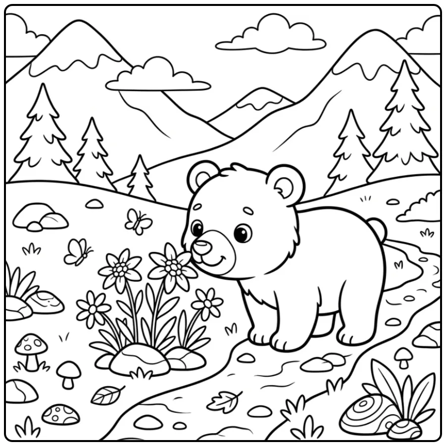 Teddy bear coloring page sniffing mountain flowers