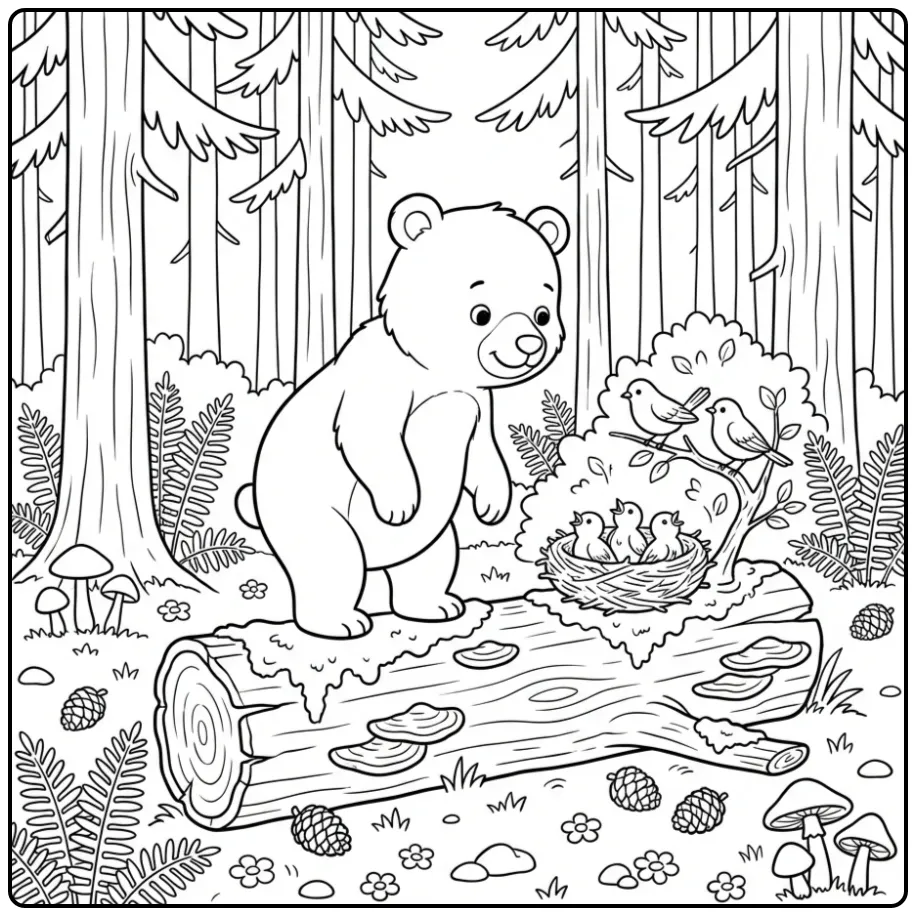 Teddy bear coloring page on a log near a bird nest