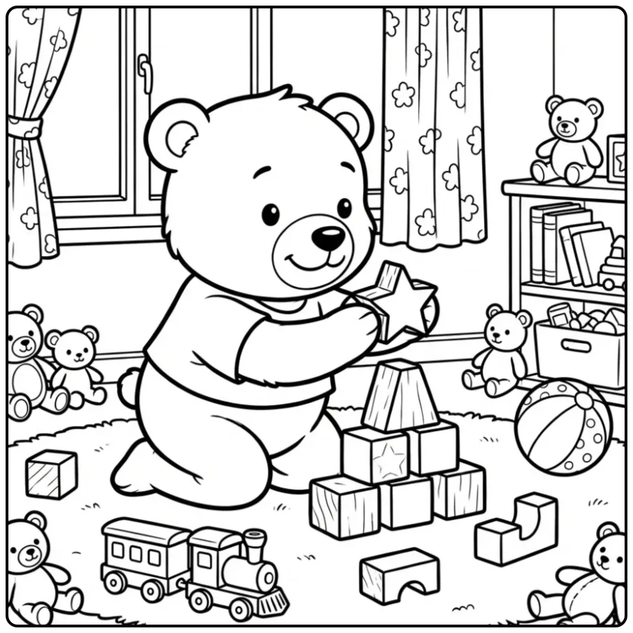 Teddy bear coloring page building a tower with blocks