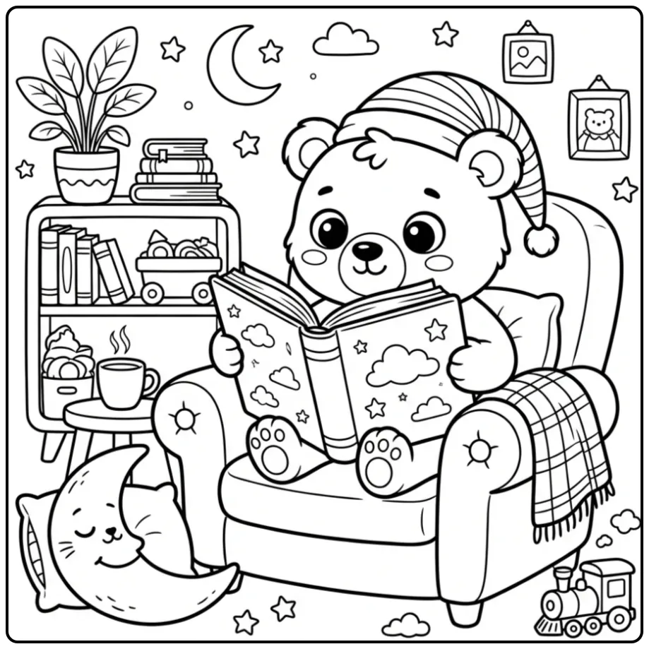 Teddy bear coloring page reading a book in a chair