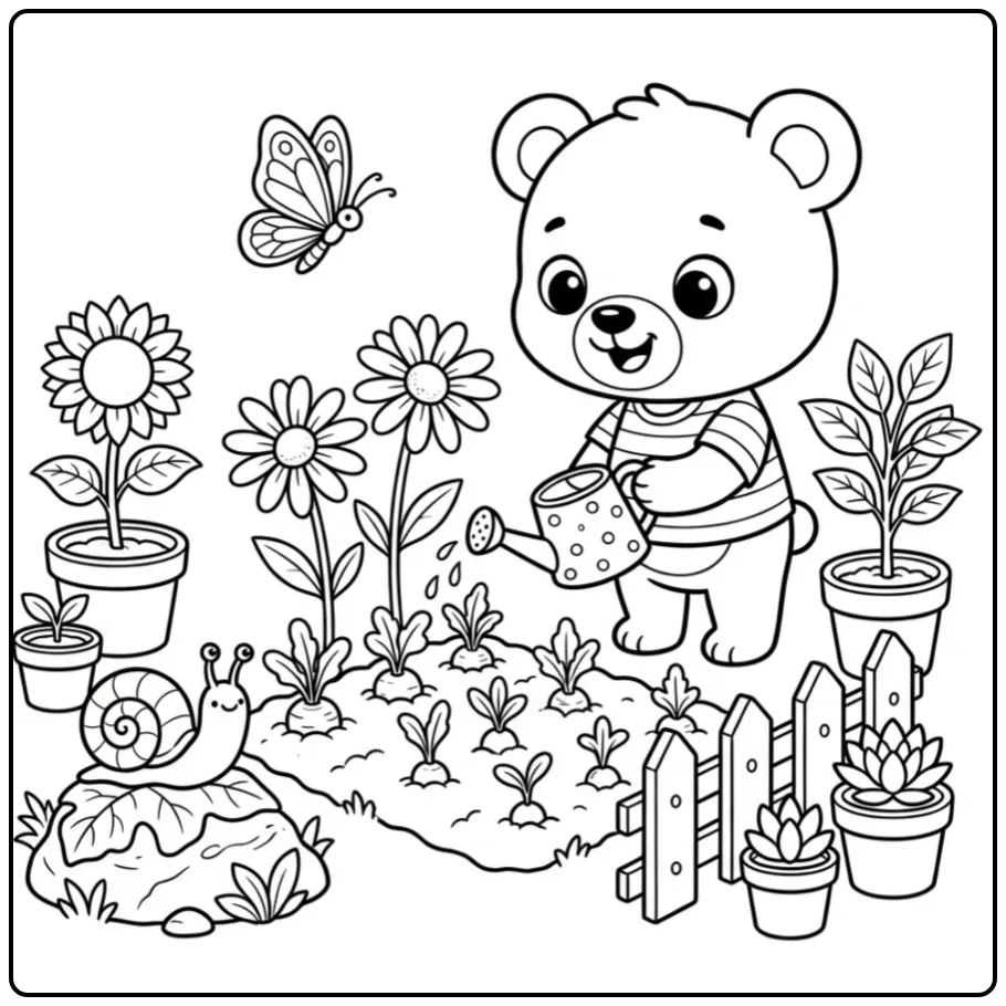 Teddy bear coloring page watering flowers in a garden
