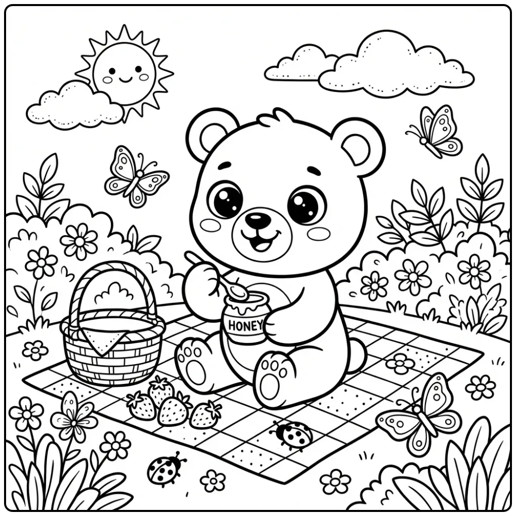 Teddy bear coloring page with a honey pot at a picnic