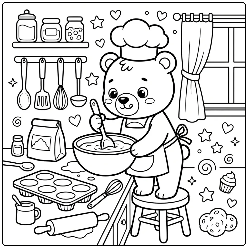 Cute teddy bear coloring page baking as a chef
