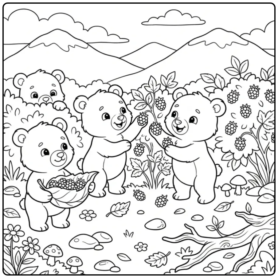 Teddy bears coloring page picking wild berries