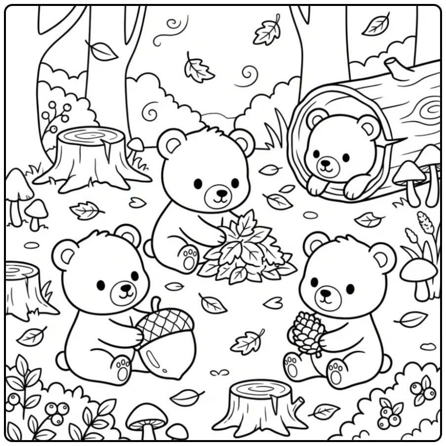 Teddy bears coloring page playing in an autumn forest