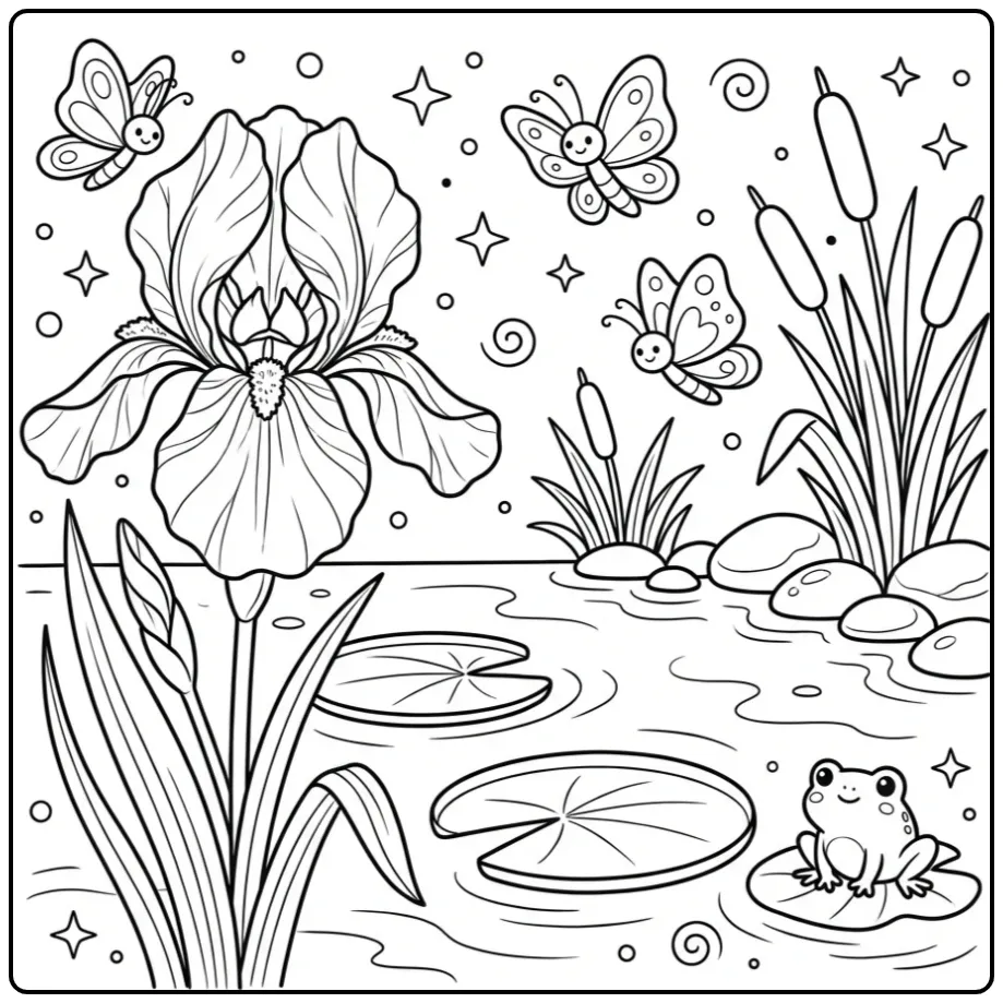 Flowers and butterflies coloring page with an iris and frog