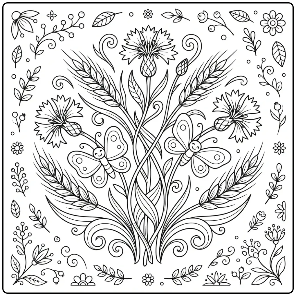 Difficult flowers and butterflies coloring page with cornflowers