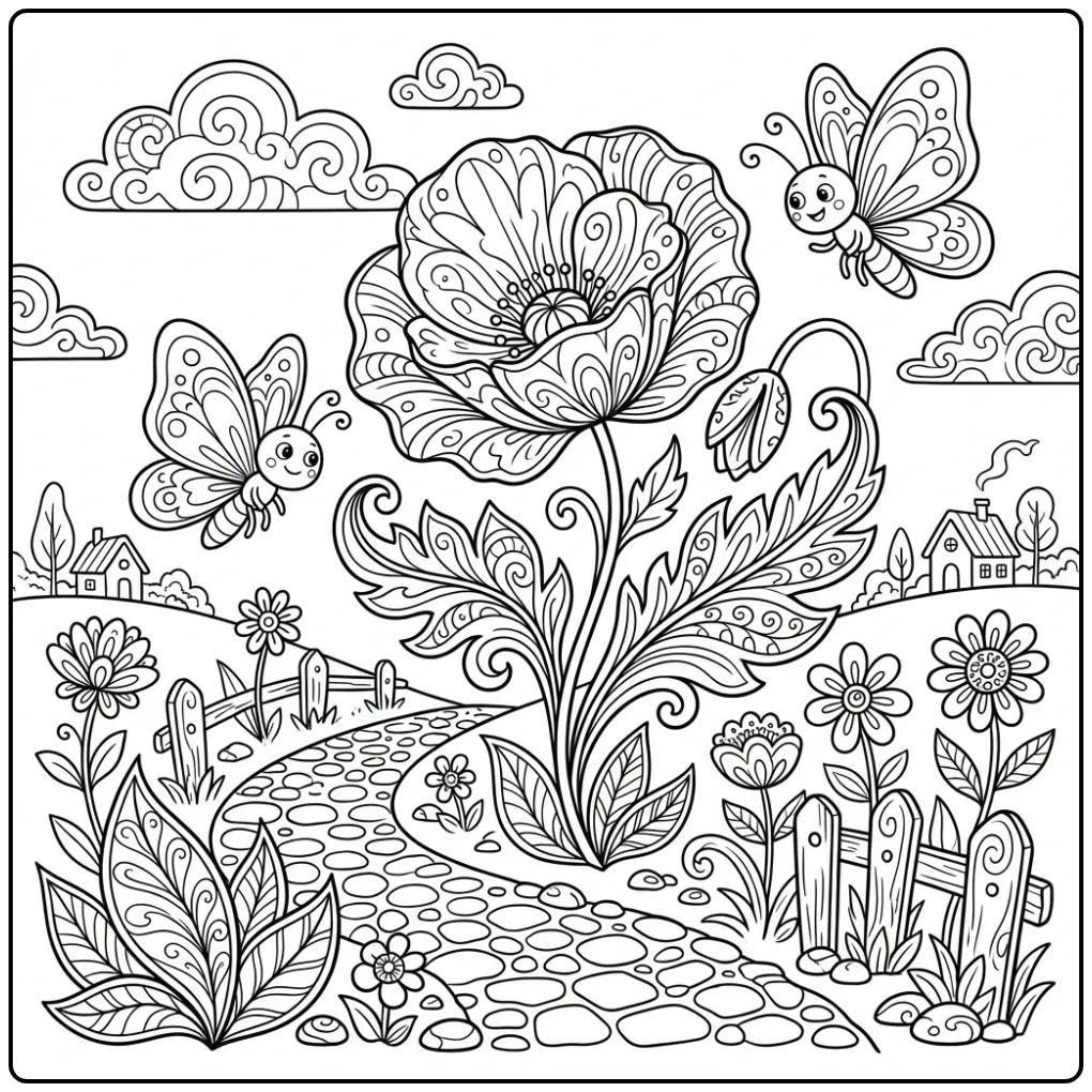 Adult flowers and butterflies coloring page with poppies