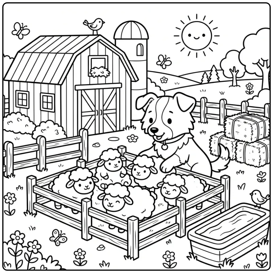 Border Collie Puppy with Sheep Plush Toys coloring page