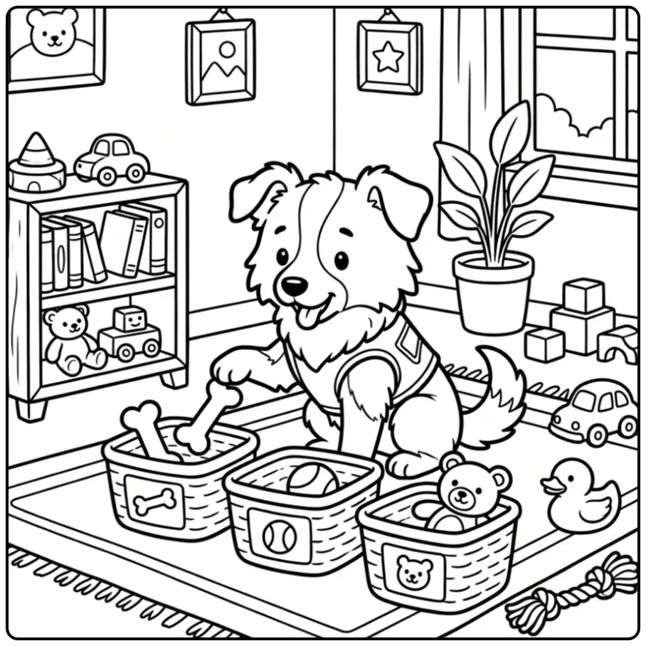 Border Collie Puppy Sorting Toys into Baskets coloring page