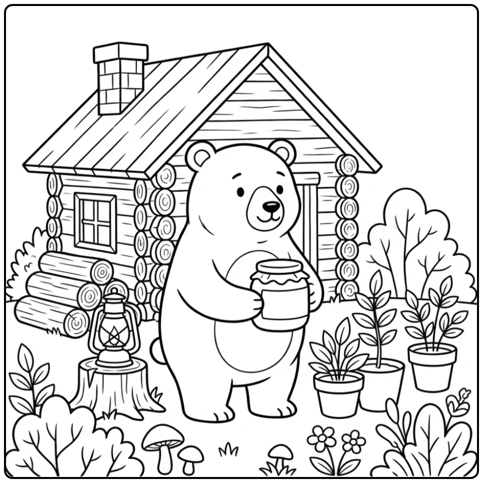 Brown bear coloring page with a honey pot by a cabin