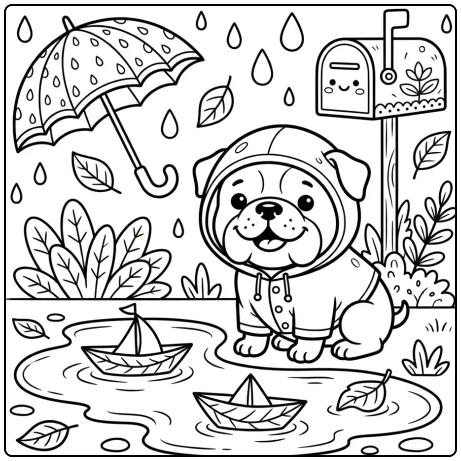Bulldog with Raincoat and Umbrella coloring page