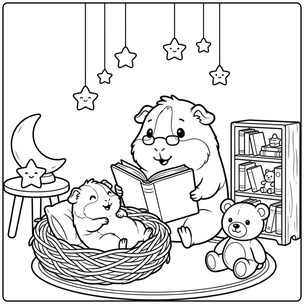 Guinea Pig coloring page reading a bedtime story