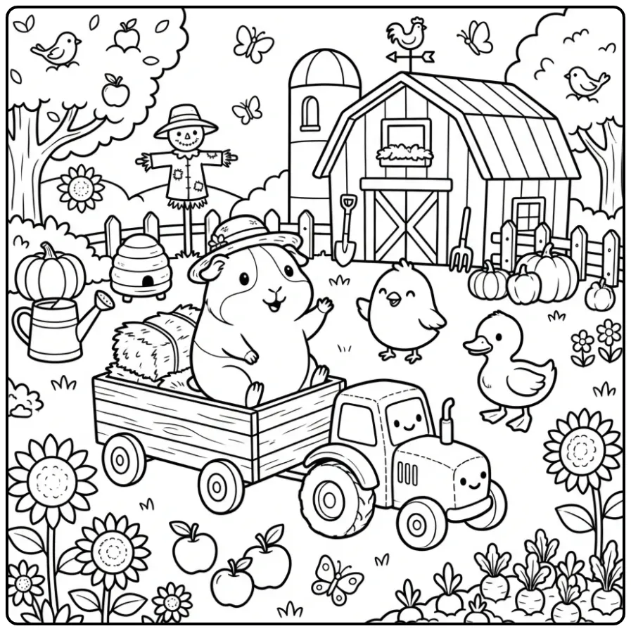 Guinea Pig coloring page riding in a farm wagon