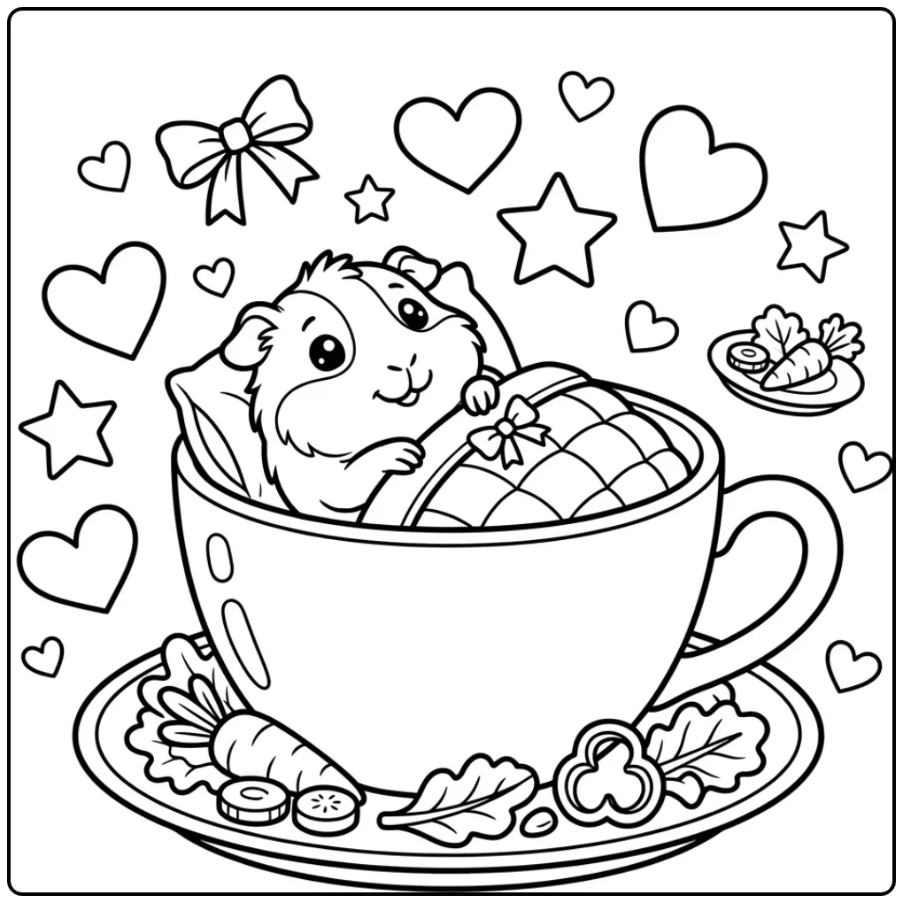 Cute Guinea Pig coloring page in a teacup with hearts