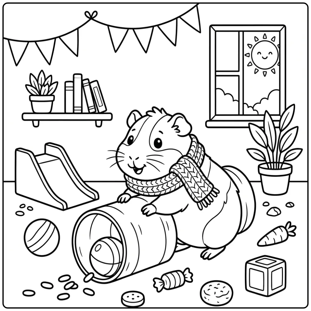 Cute Guinea Pig coloring page with a scarf and tunnel