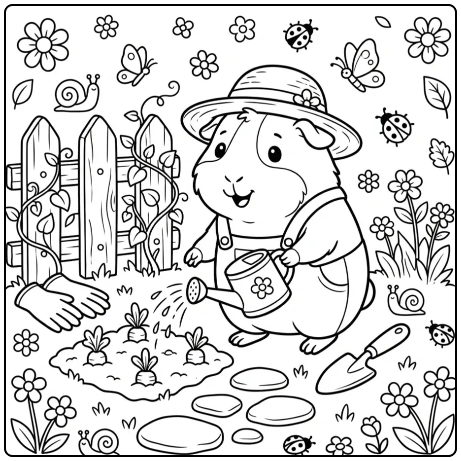 Guinea Pig coloring page watering carrots