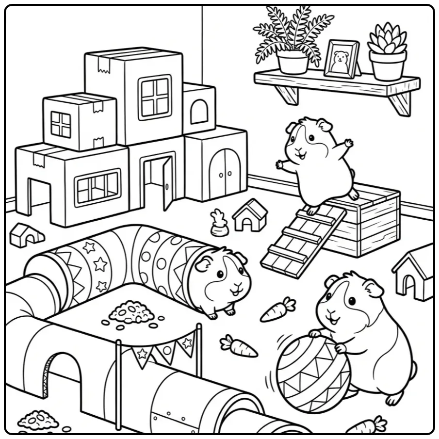 Guinea pigs coloring page in a play area with tunnels