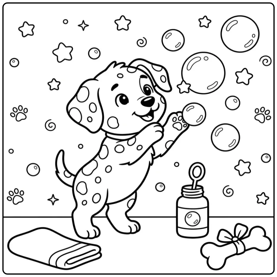 Dalmatian Puppy with Floating Soap Bubbles coloring page