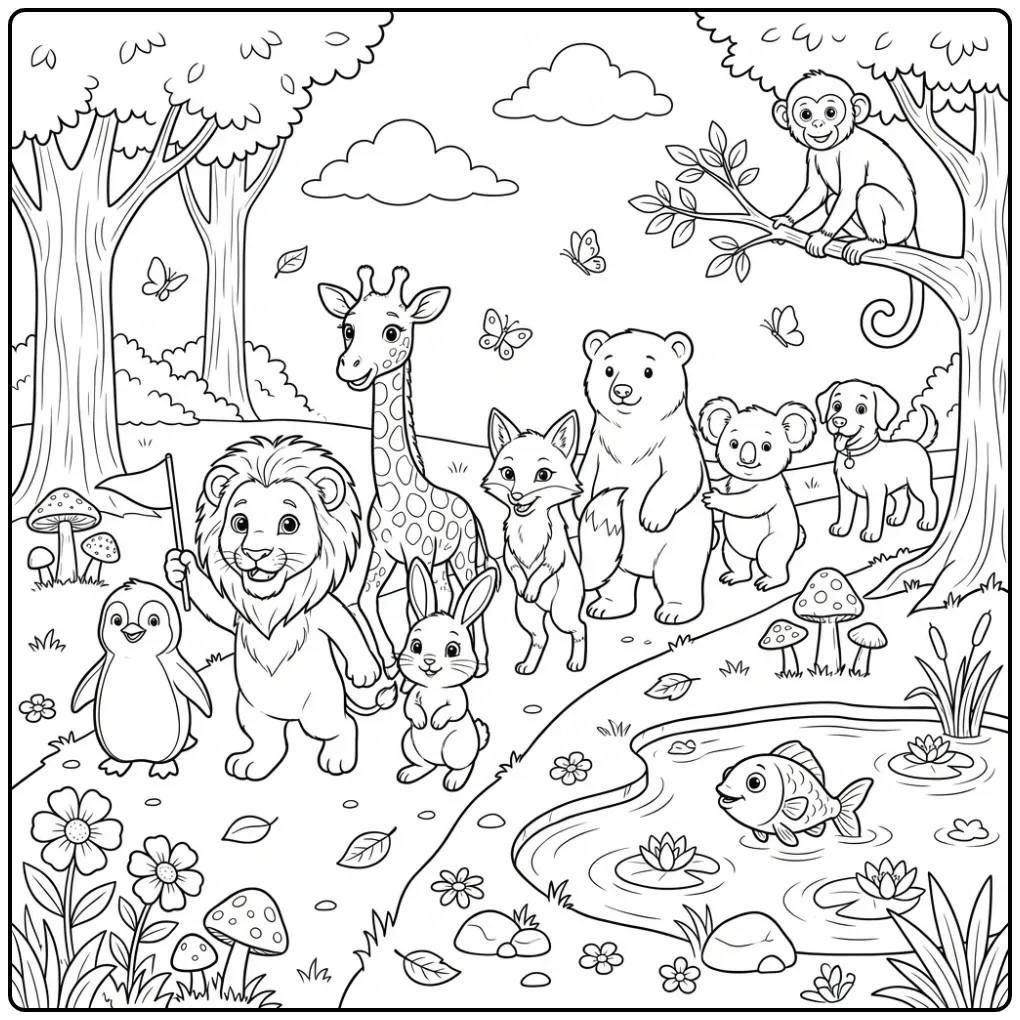 Animal coloring page showing a parade in the forest with a lion cub and friends