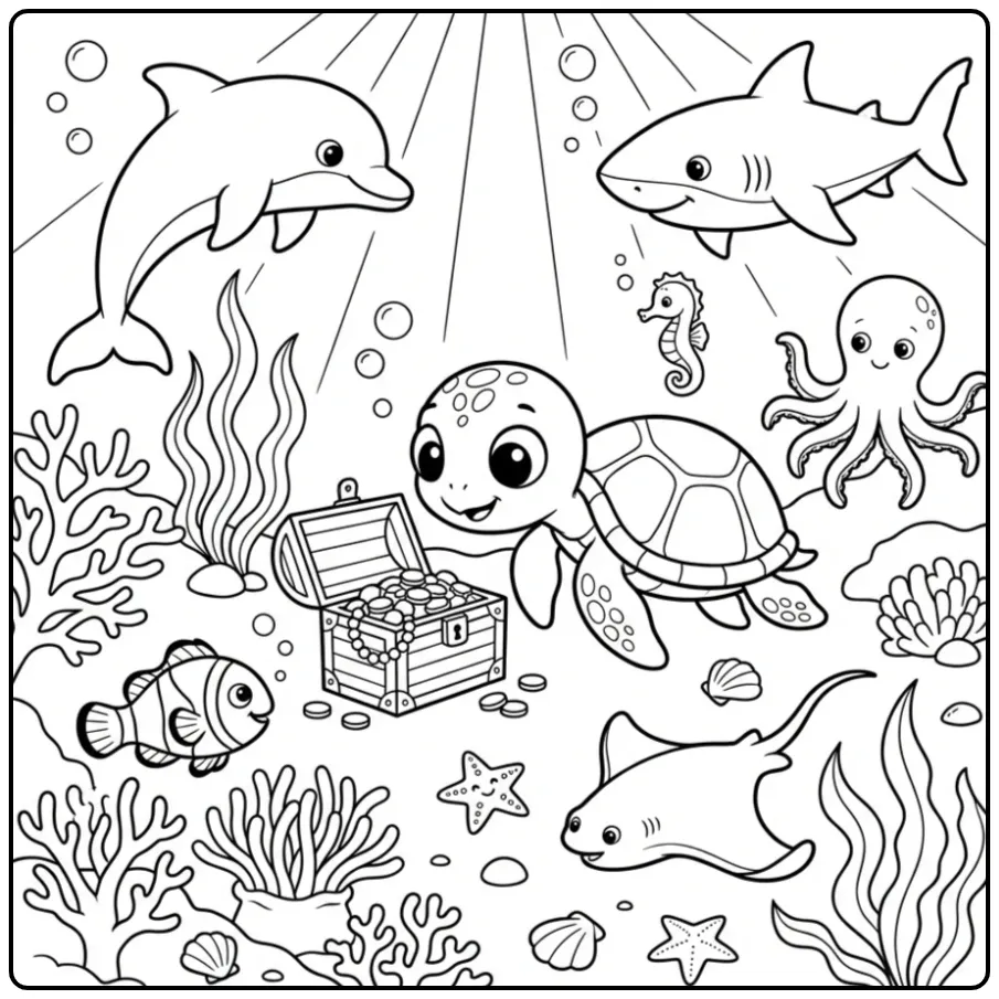 Animal coloring page showing a turtle underwater with sea animals and treasure