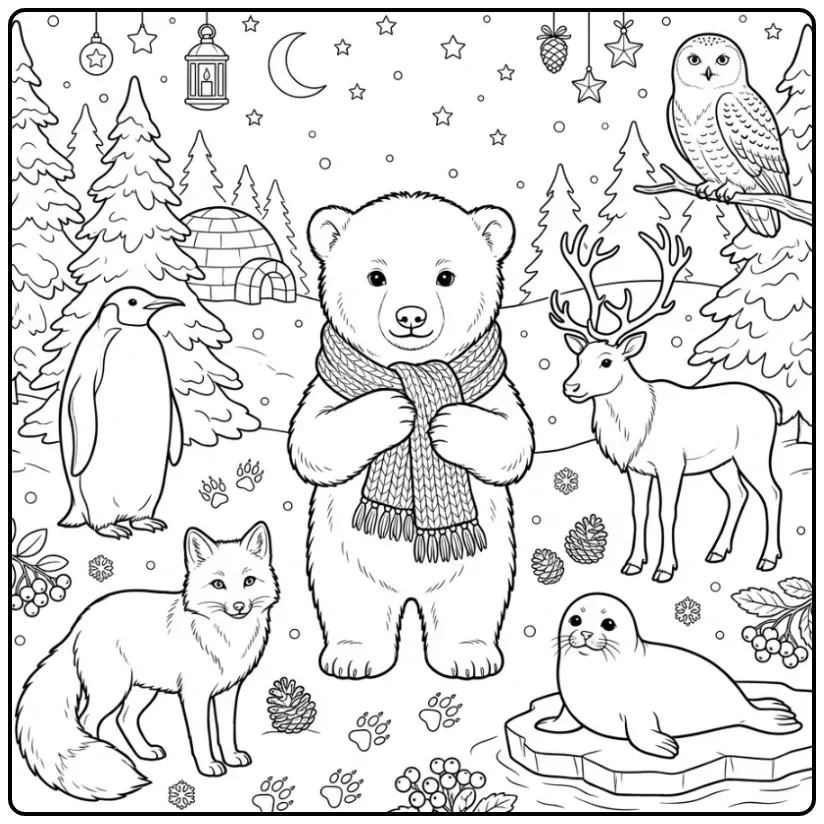 Animal coloring page featuring a polar bear and friends in a winter forest