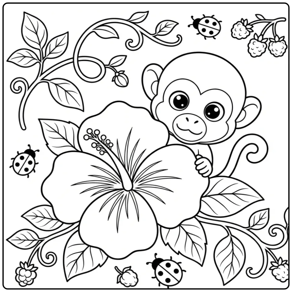 Squirrel monkey coloring page behind a large flower