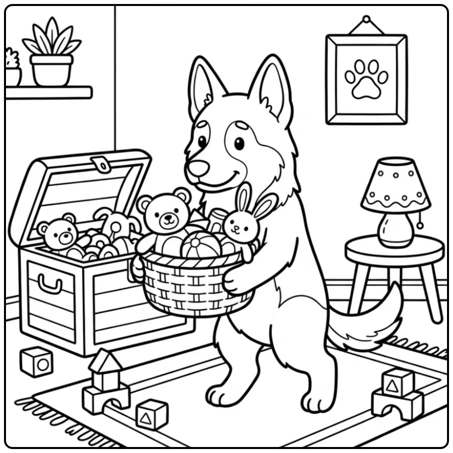 German Shepherd Helping Clean Up coloring page