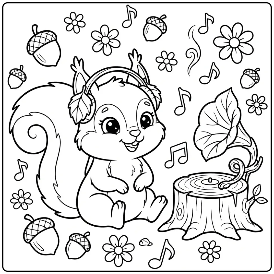 Squirrel coloring page listening to music with leaf headphones